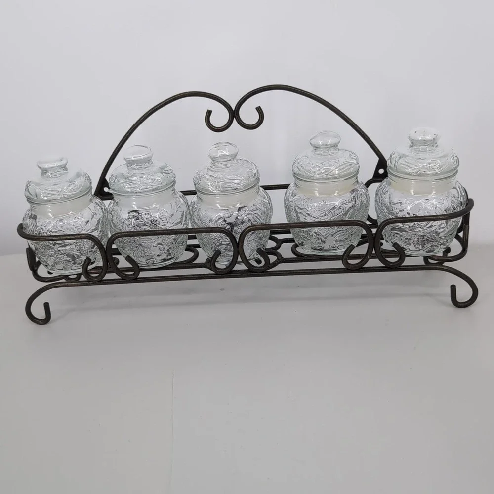 Princess House 5 Piece Fantasia Spice Jars with Bronze Wrought Iron Scroll Caddy